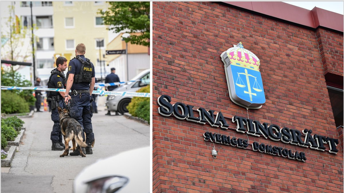 Bild på polisen vid mordplatsen. Genrebild på Solna tingsrätt.